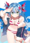  +_+ :3 ass_visible_through_thighs bikini black_coat blue_eyes blue_hair bow breasts cleavage coat commentary cowboy_shot crab_print fish_pendant fur-trimmed_coat fur_trim hair_bow hand_on_own_thigh hand_up hatsune_miku highres leaning_forward light_smile long_hair looking_at_viewer medium_breasts octopus_hair_ornament outdoors red_bikini red_bow shading_eyes sparkle standing striped striped_bikini swimsuit tsuchinoko_(tutituti0125) twintails umi_no_searchlight_(vocaloid) vocaloid yuki_miku yuki_miku_(2022) 