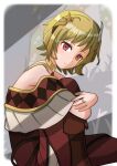  1girl blonde_hair book brown_dress citrinne_(fire_emblem) dolphins3ino dress earrings feather_hair_ornament feathers fire_emblem fire_emblem_engage gold_choker gold_trim hair_ornament hairclip highres holding holding_book hoop_earrings jewelry leather_wrist_straps mismatched_earrings red_eyes ring wing_hair_ornament 