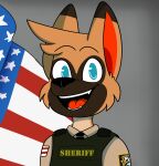 2017 anthro biped black_eyebrows black_mouth black_necktie black_nose blue_eyes brown_body brown_clothing brown_countershading brown_fur brown_hair brown_markings brown_topwear brown_tuft brown_vest bulletproof_vest bust_portrait canid canine canis cheek_tuft chokovit_(artist) clothed clothed_anthro clothed_male clothing colored countershade_face countershade_fur countershade_neck countershading digital_drawing_(artwork) digital_media_(artwork) domestic_dog ears_up english_text eyebrow_through_hair eyebrows facial_tuft flag_patch front_view fur german_shepherd hair herding_dog hi_res jay_shepherd male male_anthro mammal markings necktie no_pupils open_mouth open_smile pastoral_dog patch_(fabric) police police_dog police_officer police_uniform portrait red_inner_ear red_tongue sheriff smile solo stars_and_stripes tan_body tan_clothing tan_countershading tan_shirt tan_topwear teeth text tongue topwear translucent translucent_hair tuft uniform united_states_of_america vest white_text yellow_text