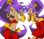 2022 blue_eyes breasts brown_body brown_skin clothing ear_piercing ear_ring female footwear genie hair humanoid humanoid_pointy_ears long_hair multiple_poses navel not_furry open_mouth piercing ponytail pose purple_hair ring_piercing shantae shantae_(series) simple_background smile solo wayforward yen0028