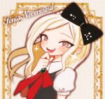  1girl black_bow blonde_hair blush border bow brooch character_name collared_shirt danganronpa_(series) danganronpa_2:_goodbye_despair eyelashes grey_eyes hand_on_own_chin heart heart_in_eye jewelry long_hair looking_at_viewer makino_(c-electro) open_mouth red_ribbon ribbon shirt short_sleeves solo sonia_nevermind sparkle symbol_in_eye teeth upper_body upper_teeth_only 