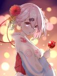  1girl blurry blurry_background bokeh breasts candy_apple depth_of_field flower food hair_flower hair_ornament hairclip highres holding ichinii_(ichiny12) japanese_clothes kanzashi kimono large_breasts looking_at_viewer looking_to_the_side night nijisanji obi open_mouth outdoors pink_eyes pink_hair red_flower sash shiina_yuika solo summer_festival upper_body virtual_youtuber white_kimono wide_sleeves yukata 