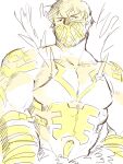  1boy adam&#039;s_apple armor bara bare_shoulders breastplate character_request cowboy_shot fire_emblem head_tilt highres large_pectorals looking_at_viewer male_focus mask monochrome mouth_mask muscular muscular_male pectoral_cleavage pectorals piikeisandaa short_hair sidepec sketch solo thick_eyebrows yellow_theme 