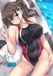  1girl black_one-piece_swimsuit blush breasts brown_hair closed_mouth collarbone commentary_request covered_navel covered_nipples crossed_bangs hair_ornament hand_on_own_hip highres large_breasts leaf_hair_ornament looking_at_viewer lying medium_hair mizuhara_yuu on_back one-piece_swimsuit original pool poolside purple_eyes side_ponytail smile solo swimsuit towel unworn_swim_cap wet 