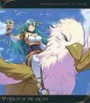  1girl aqua_hair armor blue_sky blush boots bow breasts chalice chloe_(fire_emblem) cleavage cloud commentary covered_navel cup day delicious_brain fire_emblem fire_emblem_engage gloves green_eyes griffin hair_bow highres holding holding_cup large_breasts long_hair looking_at_viewer orange_bow pauldrons riding shoulder_armor sky smile solo thigh_boots very_long_hair white_footwear white_gloves 