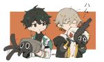  2boys animalization annoyed aqua_jacket asymmetrical_eyeliner autumn_leaves black_cat black_gloves black_hair black_jacket black_shirt border caelus_(honkai:_star_rail) cat closed_eyes closed_mouth critter_pick_(honkai:_star_rail) cropped_torso dan_heng_(honkai:_star_rail) dan_heng_(rice_dumpling)_(honkai:_star_rail) earrings eating eyeliner fingerless_gloves gloves green_eyes grey_hair honkai:_star_rail honkai_(series) jacket jewelry long_sleeves looking_at_another makeup male_focus multicolored_clothes multicolored_jacket multiple_boys no_nose no_sclera open_clothes open_jacket orange_background outside_border red_eyeliner scared shirt short_hair sparkling_eyes sweat trailblazer_(honkai:_star_rail) trailblazer_(trash_cake)_(honkai:_star_rail) translation_request trash_can turtleneck two-tone_jacket uenoo upper_body v-shaped_eyebrows wavy_eyes white_border white_jacket white_shirt 
