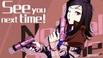  1girl all-out_attack amano_maya black_hair blowing dual_wielding english_text gun handgun highres holding holding_gun holding_weapon langle_l long_sleeves looking_at_viewer necktie one_eye_closed persona persona_2 pink_gun popped_collar puffy_sleeves red_lips short_hair weapon weibo_username 