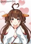  1girl ahoge ame-rain brown_hair detached_sleeves double_bun hair_bun hairband hands_on_own_face heart heart_ahoge heart_background highres kantai_collection kongou_(kancolle) long_hairbrown_hair looking_at_viewer nontraditional_miko one-hour_drawing_challenge ribbon-trimmed_sleeves ribbon_trim smile solo 