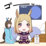  1girl admire_vega_(umamusume) alternate_costume animal_ears barefoot brown_eyes brown_hair doqute_stuffed_doll ear_covers futon_drying_machine hair_between_eyes hair_ribbon highres horse_ears horse_girl horse_tail long_hair long_sleeves looking_to_the_side low_ponytail narita_top_road_(umamusume) pajamas pillow ribbon seiza single_ear_cover sitting solo tail umamusume wakame_miso white_ribbon 