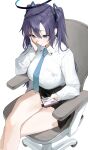  1girl black_skirt blue_archive blue_necktie blush breasts cellphone closed_mouth collared_shirt feet_out_of_frame gdd_(vkejr702) hair_between_eyes halo highres holding holding_phone large_breasts long_hair mechanical_halo necktie phone purple_eyes purple_hair shirt simple_background sitting skirt smartphone solo swivel_chair two_side_up white_background white_shirt yuuka_(blue_archive) 