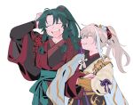 2boys archer_(fate/samurai_remnant) arm_guards black_robe blonde_hair chinese_clothes chinese_hairpin closed_eyes crossed_arms fate/samurai_remnant fate_(series) green_hair hair_ornament hanfu high_ponytail layered_clothes low-tied_sidelocks multicolored_hair multiple_boys oneroom-disco red_robe robe sidelocks smile streaked_hair tassel tassel_hair_ornament white_background white_hair yellow_eyes zheng_chenggong_(fate) 