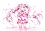  ahoge alternate_hair_color cherry_blossoms detached_sleeves floating_hair hatsune_miku holding long_hair necktie pink_eyes pink_hair sakura_miku skirt solo thighhighs tidsean twintails very_long_hair vocaloid wading 