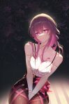  1girl absurdres anklet bracelet breasts cleavage ermu_(enmmm) gold_choker hair_between_eyes highres honkai:_star_rail honkai_(series) jewelry kafka_(honkai:_star_rail) large_breasts lips looking_at_viewer pink_eyes purple_hair short_hair_with_long_locks solo 