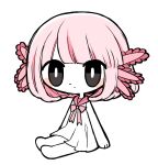  1girl axolotl_ears axolotl_girl black_eyes blush bow bright_pupils chibi closed_mouth colored_skin dot_nose dress expressionless funamusea_(artist) original pink_bow pink_hair pink_sailor_collar sailor_collar short_hair simple_background solo white_background white_dress white_pupils white_skin 