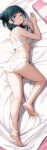  1girl absurdres ass back bare_legs barefoot bed_sheet blunt_bangs blush bra breasts closed_mouth commission dakimakura_(medium) feet freckles full_body gibun_(sozoshu) green_hair highres kusuriya_no_hitorigoto long_hair lying maomao_(kusuriya_no_hitorigoto) panties pixiv_commission purple_eyes shoulder_blades sideboob smile solo thighs toes underwear underwear_only white_bra white_panties 