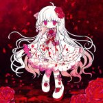  1girl blood blood_from_mouth blood_on_clothes blood_stain bow checkered_floor colored_skin commission dress flower funamusea_(artist) hair_bow hair_flower hair_ornament long_dress long_hair original pink_bow pink_eyes pink_flower pink_ribbon red_background ribbon shoe_flower shoes skeb_commission solo standing thighhighs white_dress white_hair white_skin 