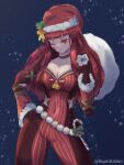  1girl blue_cape bodysuit breasts candy candy_cane cape christmas facial_mark fire_emblem fire_emblem_engage fire_emblem_heroes food hair_ornament hand_on_own_hip hat highres holding holding_sack holly holly_hair_ornament large_breasts multicolored_cape multicolored_clothes official_alternate_costume red_bodysuit red_cape sack santa_hat squidudon12 star_(symbol) star_facial_mark star_hair_ornament star_print two-tone_cape yunaka_(fire_emblem) yunaka_(fire_emblem)_(spirited_envoy) 