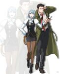  1boy 1girl ace_attorney arm_behind_head arm_up ascot belt black_belt black_eyes black_footwear black_gloves black_hair black_jacket black_pants black_skirt black_vest blue_hair brooch closed_mouth coat collared_shirt dick_gumshoe earrings franziska_von_karma full_body gloves green_coat grey_eyes gwiga0 hand_up highres holding holding_notepad holding_pencil holding_whip jacket jewelry juliet_sleeves long_sleeves looking_at_viewer mole mole_under_eye necktie necktie_grab neckwear_grab notepad open_mouth pants pencil pencil_skirt puffy_sleeves red_necktie shirt shoes short_hair skirt standing sweatdrop vest white_ascot white_background white_shirt 