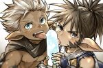  2boys bare_shoulders brown_hair commentary_request food food_in_mouth granblue_fantasy harvin holding holding_food holding_popsicle iha_tobu looking_at_viewer male_focus multiple_boys muscular muscular_male open_mouth pointy_ears ponytail popsicle popsicle_in_mouth sevilbarra sideburns skull_(granblue_fantasy) tongue tongue_out topless_male white_background white_hair 