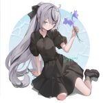 1girl ahoge artist_name black_bow black_hair blush bow closed_mouth flower green_eyes grey_hair hair_bow hair_ornament hairclip holding holding_flower long_hair looking_at_viewer misuzu0342 original ponytail shoes short_sleeves signature sitting socks twintails 