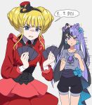  2girls black_corset black_hair black_hairband black_headwear black_necktie black_shorts blonde_hair blue_eyes blunt_bangs blunt_ends bow card carron_(waccha_primagi!) carron_(waccha_primagi!)_(rabbit) chimumu chimumu_(hamster) clenched_teeth collared_dress commentary_request corset cowboy_shot dolldolldd double_bun dress frilled_dress frills grey_shirt hair_bow hair_bun hairband hands_up hanitan hanitan_(bear) hat highres holding holding_card kokoa_remon korean_text long_hair long_sleeves mini_hat mini_top_hat multicolored_hair multiple_girls necktie nervous_sweating open_mouth patano_(waccha_primagi) patano_(waccha_primagi)_(pegasus) pink_bow playing_card pretty_series purple_bow purple_eyes purple_hair red_dress shirt short_hair shorts sidelocks speech_bubble standing sweat teeth top_hat translation_request trembling two_side_up very_long_hair waccha_primagi! 