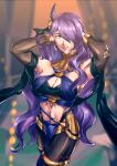  1girl artist_name bare_shoulders breasts bridal_legwear camilla_(fire_emblem) cleavage cosplay cowboy_shot criss-cross_halter dancer dorothea_arnault_(plegian) dorothea_arnault_(plegian)_(cosplay) fire_emblem fire_emblem_fates fire_emblem_heroes hair_over_one_eye halterneck harem_outfit highres kenjik76 large_breasts lips long_hair mature_female navel pantyhose pelvic_curtain purple_eyes purple_hair solo thigh_ring thighlet wavy_hair 