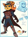 absurd_res angela_cross anthro armor assassyart belt blue_eyes boots breastplate brown_nose cape clothing color_swatch dialogue eyebrows female footwear fur gloves handwear hi_res hood lombax looking_at_viewer mammal mask ratchet_and_clank rivet_(ratchet_and_clank) solo sony_corporation sony_interactive_entertainment stripes yellow_body yellow_fur
