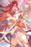 alternate_costume armor artist_name cordelia_(fire_emblem) fire_emblem fire_emblem_awakening fire_emblem_heroes fujikawa_arika gold_armor highres holding holding_polearm holding_weapon long_hair open_mouth polearm red_eyes red_hair weapon 