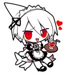  1boy ambiguous_red_liquid black_footwear black_ribbon blush bow chibi collar crossdressing cup drinking_straw fins fish_tail funamusea_(artist) hair_between_eyes heart holding holding_plate maid maid_headdress oounabara_to_wadanohara open_mouth plate red_eyes ribbon sandals shark_fin shark_tail skull solo syake_(wadanohara) tail thighhighs white_bow white_hair white_thighhighs 