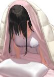  1girl arm_support black_hair breasts cleavage clothes_writing commentary_request kaisen_chuui large_breasts long_hair looking_down original pillow shirt short_sleeves simple_background solo under_covers white_background white_shirt 