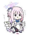  1girl :d anger_vein bare_arms black_footwear black_scrunchie blood blood_on_weapon blue_archive blue_bow blue_flower bow breasts chibi commentary_request dress feathered_wings flower full_body grey_pantyhose gun hair_bun hair_flower hair_ornament halo holding holding_gun holding_weapon long_hair lowres medium_breasts mika_(blue_archive) nyaru_(nyaru_4126) pantyhose pink_hair scrunchie shoes simple_background single_side_bun sleeveless sleeveless_dress smile solo standing trembling very_long_hair weapon white_background white_dress white_wings wings wrist_scrunchie 