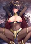  1girl armpits arms_up bed_sheet black_cape black_hair blunt_bangs blush bodystocking bracelet breasts bridal_gauntlets cape circlet cleavage commentary_request covered_navel fire_emblem fire_emblem_awakening gold_trim high_heels jewelry kirishima_satoshi large_breasts long_hair looking_at_viewer lying neck_ring nipple_slip nipples on_back paid_reward_available parted_lips pelvic_curtain purple_eyes red_cape shadow sidelocks solo spread_legs tharja_(fire_emblem) thighlet two-sided_cape two-sided_fabric two-tone_cape two_side_up 