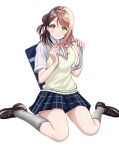  1girl absurdres bag blue_skirt blush brown_footwear closed_mouth collared_shirt commentary_request grey_shirt grey_socks hair_bun hair_ornament hairclip highres holding holding_bag kneehighs loafers love_live! love_live!_nijigasaki_high_school_idol_club neck_ribbon nijigasaki_academy_school_uniform orange_hair pink_ribbon plaid plaid_skirt pleated_skirt ribbon school_bag school_uniform shirt shoes short_hair short_sleeves simple_background single_side_bun sitting skirt socks solo sweater_vest uehara_ayumu vest wariza white_background yellow_eyes yellow_vest zaofeng 