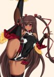  1girl :p ass ass_visible_through_thighs blush breasts brown_background brown_hair dark-skinned_female dark_skin eyelashes groin groin_tendon hair_ribbon hair_tie highres holding_own_leg leg_lift leg_up licking_lips long_hair mizuki_yukikaze mizutani_rin purple_eyes red_ribbon ribbon sidelocks simple_background small_breasts smile solo split standing standing_on_one_leg standing_split taimanin_(series) taimanin_suit taimanin_yukikaze thighs tongue tongue_out two_side_up 