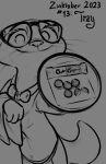 2023 anthro bow_tie candy chocolate dessert disney english_text eyewear female food glasses hi_res high-angle_view holding_tray inktober_2023 looking_up_at_viewer mammal monochrome mustelid otter sam_(zootopia+) simple_background solo tangerine_(artist) text towel tray whiskers zootopia zootopia+