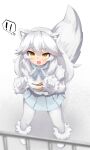  1girl :3 absurdres animal_ears arctic_fox_(kemono_friends) blue_bow blue_bowtie blue_skirt blush boots bow bowtie capelet claw_pose coat fox_ears fox_girl fox_tail fur_trim gloves hair_between_eyes highres karekusa_meronu kemono_friends long_hair long_sleeves looking_at_viewer open_mouth pantyhose pleated_skirt sidelocks skirt smile snow solo tail white_capelet white_coat white_footwear white_fur white_gloves white_hair white_pantyhose winter_clothes winter_coat yellow_eyes 