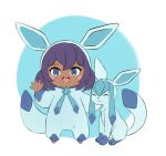  1girl archived_source blue_eyes chibi cosplay dark-skinned_female dark_skin drawfag glaceon glaceon_(cosplay) hand_up kigurumi looking_at_viewer open_mouth pokemon pokemon_(creature) pokemon_xy purple_hair sina_(pokemon) smile 