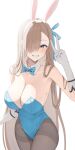  1girl absurdres ama_(amastration55) animal_ears aqua_bow aqua_bowtie aqua_leotard asuna_(blue_archive) asuna_(bunny)_(blue_archive) asymmetrical_bangs black_pantyhose blue_archive blush bow bowtie breasts cleavage detached_collar fake_animal_ears gloves groin hair_over_one_eye highres large_breasts leotard light_brown_hair long_hair looking_at_viewer mole mole_on_breast no_halo one_eye_covered pantyhose playboy_bunny rabbit_ears simple_background smile solo strapless strapless_leotard v very_long_hair white_background white_gloves 