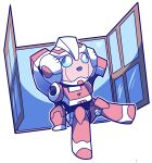  alphaiswaifu arcee backpack bag blue_eyes chibi highres humanoid_robot robot robot_girl science_fiction sitting_in_window transformers transformers_animated window 