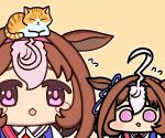  1girl ahoge animal_ears blue_ribbon blush_stickers brown_hair cat character_doll commentary doqute_stuffed_doll ear_ribbon flying_sweatdrops hair_between_eyes hairband horse_ears horse_girl huge_ahoge jazz_jack medium_hair meisho_doto_(umamusume) meto_(cat) multicolored_hair orange_background outline pink_hairband purple_eyes ribbon stuffed_toy two-tone_hair umamusume white_hair wide_face 