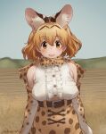  1girl alternate_form animal_ear_fluff animal_ears armpit_crease blonde_hair blush bow bowtie breasts center_frills covered_nipples elbow_gloves extra_ears frills gloves high-waist_skirt highres kemono_friends large_breasts looking_at_viewer no_bra nyororiso_(muyaa) open_mouth print_bow print_bowtie print_gloves print_skirt savannah serval_(kemono_friends) serval_print shirt short_hair skirt sleeveless sleeveless_shirt smile solo 