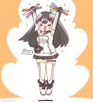  1girl african_penguin_(kemono_friends) black_hair closed_eyes coroha elbow_gloves full_body gloves glowstick hood hoodie jumping kemono_friends kemono_friends_v_project kneehighs long_hair looking_at_viewer multicolored_hair orange_background penguin_girl purple_hair shoes simple_background skirt sleeveless socks solo straight_hair virtual_youtuber white_hair 