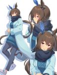  1girl adjusting_scarf admire_vega_(umamusume) animal_ears aran_sweater blue_coat blue_pants blue_scarf blue_sweater breasts brown_hair cable_knit coat covered_mouth dress ear_covers enpera full_body hair_between_eyes highres holding_hands horse_ears horse_girl horse_tail interlocked_fingers kawahara_minamo large_breasts long_hair long_sleeves looking_at_viewer multiple_views open_clothes open_coat own_hands_together pants ponytail purple_eyes scarf shoes simple_background sneakers sweater sweater_dress tail umamusume upper_body very_long_hair white_background white_footwear 