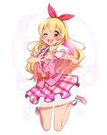  aikatsu! aikatsu!_(series) blonde_hair blush dress hair_ribbon heart heart_hands hoshimiya_ichigo kanya_pyi long_hair looking_at_viewer necktie one_eye_closed open_mouth petticoat puffy_sleeves red_eyes ribbon skirt smile solo 