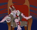 absurd_res ambiguous_gender anthro armor belt blue_background chair claws clothed clothing eyelashes furniture goatsworth grey_eyes hi_res horn kobold looking_at_viewer markings navel pink_body pink_claws pink_markings pink_scales red_background scales scalie sharp_claws simple_background sitting solo tan_horn thick_thighs throne wide_hips yellow_sclera