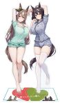  2girls animal_ears bare_legs barefoot black_hair blue_pajamas blue_shorts breasts brown_eyes brown_hair button_gap cleavage commentary_request ear_ribbon full_body green_pajamas green_ribbon highres horse_ears horse_girl horse_tail kannko_bokujou kitasan_black_(umamusume) large_breasts long_hair looking_at_viewer multicolored_hair multiple_girls pajamas print_pajamas print_shorts ribbon satono_diamond_(umamusume) short_hair shorts simple_background smile streaked_hair tail thighhighs thighs umamusume white_background white_hair white_thighhighs 