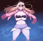  1girl aviator_sunglasses blonde_hair breasts cleavage closed_mouth coat coat_on_shoulders commission crossed_arms denim denim_shorts exposed_pocket eyewear_on_head facing_viewer front-tie_top gunbuster_pose highres large_breasts long_hair monn_(toxmonn) navel night night_sky nyantcha original pink_coat second-party_source short_shorts shorts sky solo strapless sunglasses thick_thighs thighs toned 