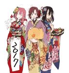  2017 3girls ^_^ ahoge animal animal_on_shoulder bird black_hair blue_kimono blue_sleeves camellia chewing chicken chinese_zodiac chopsticks closed_eyes closed_mouth commentary_request eating feet_out_of_frame fingernails floral_print flower food fringe_trim h_kawa hair_bun hair_flower hair_ornament hair_ribbon head_tilt holding holding_animal holding_banner holding_bento holding_chopsticks japanese_clothes kimono light_blush long_hair long_sleeves looking_at_another looking_at_viewer multiple_girls new_year obi open_mouth original pink_headwear purple_shawl red_flower red_hair red_kimono red_ribbon red_sleeves ribbon rooster sash shawl short_hair simple_background single_hair_bun skirt_tied_over_head smile straight-on v-shaped_eyebrows white_background white_flower wide_sleeves year_of_the_rooster yellow_kimono yellow_sleeves yukata 