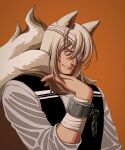  1boy animal_ears bags_under_eyes bandage_over_one_eye bandaged_arm bandages black_jack_(series) black_vest blue_eyes broken broken_chain chain cuffs eyelashes fox_ears fox_tail grey_hair highres kiriko_(black_jack) long_hair male_focus old old_man oldkin orange_background shackles shirt simple_background tail upper_body vest white_shirt 