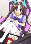  1girl animal_ears bow braid brown_hair burger chair commentary_request controller ear_bow ear_covers food food_in_mouth french_fries gaming_chair highres hokko_tarumae_(umamusume) holding holding_controller horse_ears horse_girl horse_tail long_hair monitor on_chair playing_games puffy_short_sleeves puffy_sleeves purple_bow purple_eyes purple_shirt school_uniform shirt short_sleeves sitting solo swivel_chair tail thighhighs tracen_school_uniform twin_braids umamusume very_long_hair wahiko_(black_bastard) white_hair white_headwear white_thighhighs 